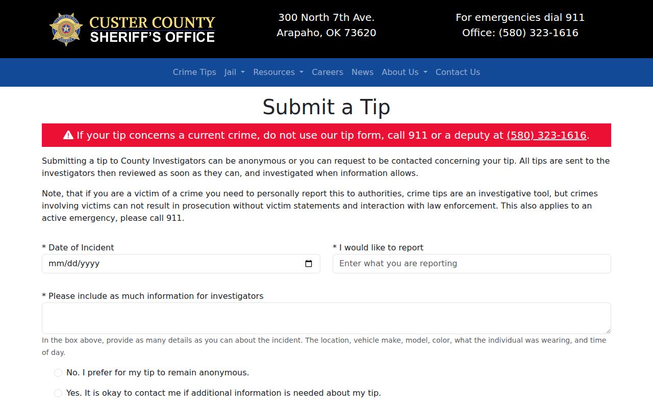 Custer County most wanted tip and warrant records official tip form