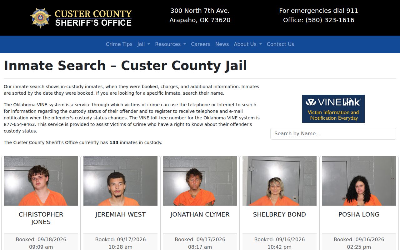 Custer County warrant search inmate-only search field